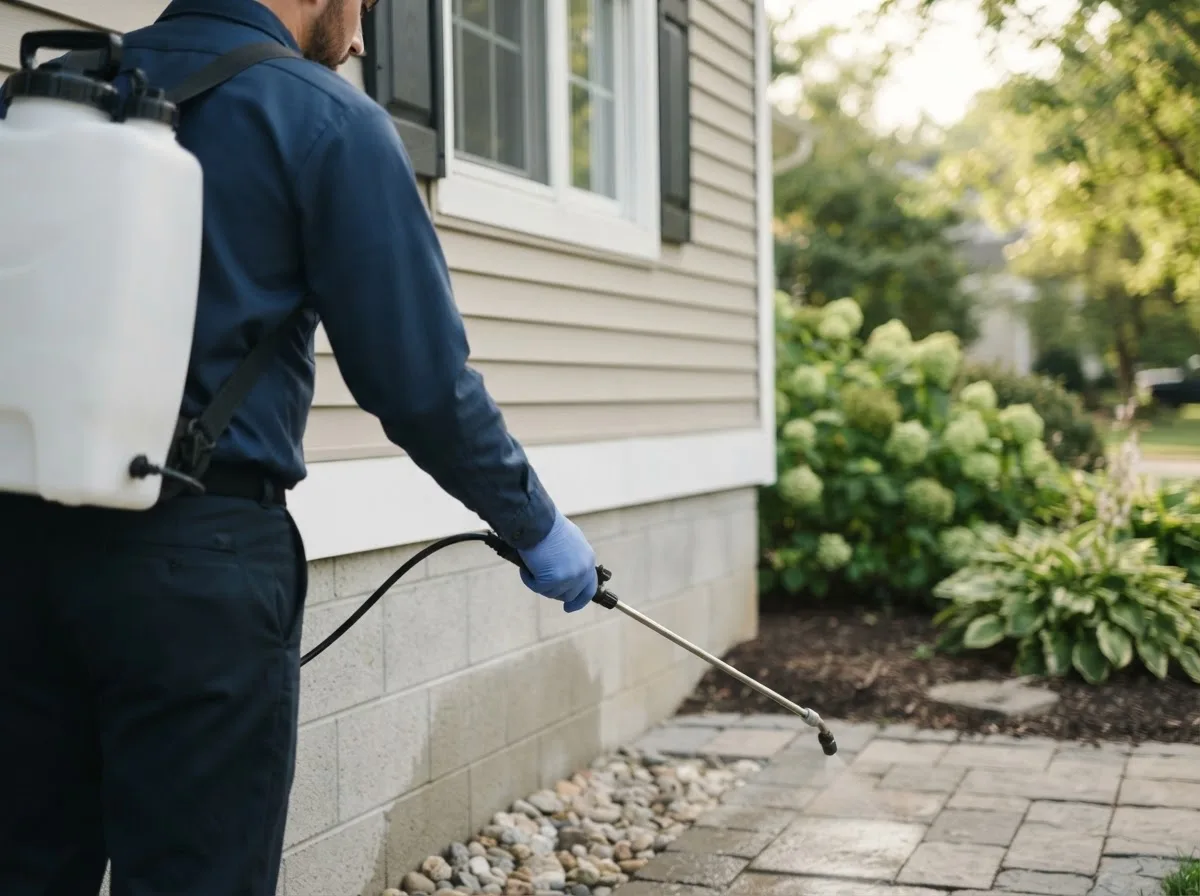 Pest control technician inspecting a home in Idaho City, ID